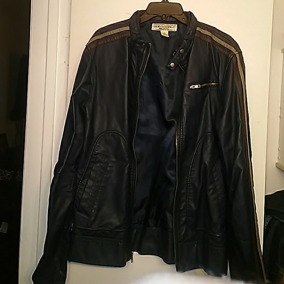 Navy blue with stripes on arm biker jacket - Picture 1 of 5